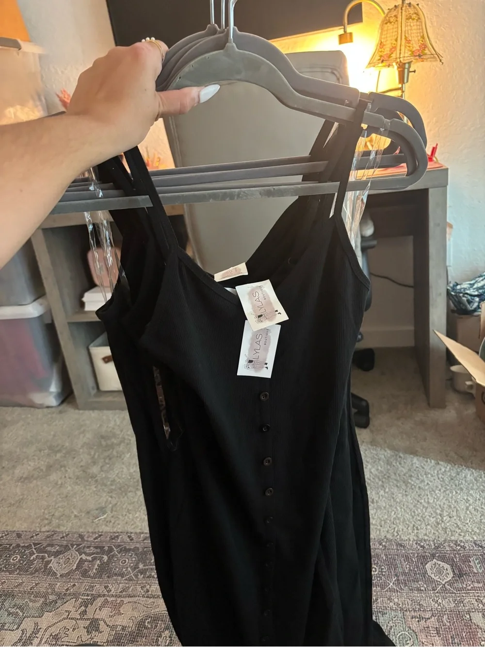 Active USA Black Button-Front Midi Dress with Front Slit - Picture 2 of 3